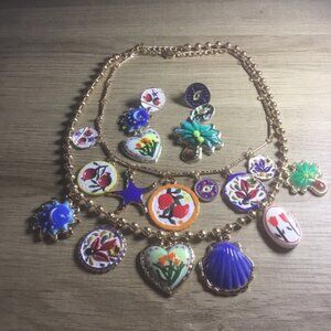 Colorful Bohemian Shell Coconut PalmTree Enamel Necklace Earrings Set